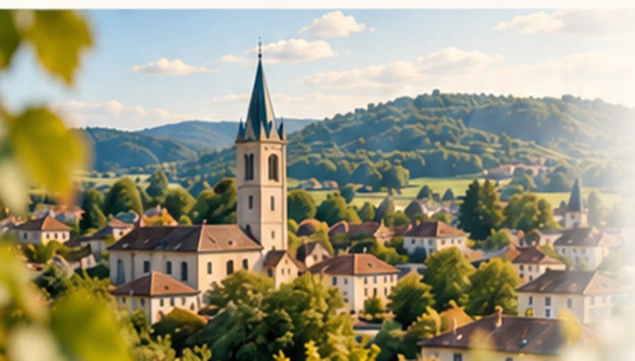 Illustration d'un village et de son église entourés de verdure